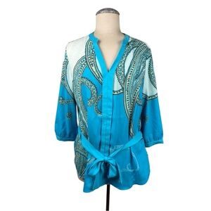 New York & Company Blue and‎ Silver Relaxed Blouse with Tie Front